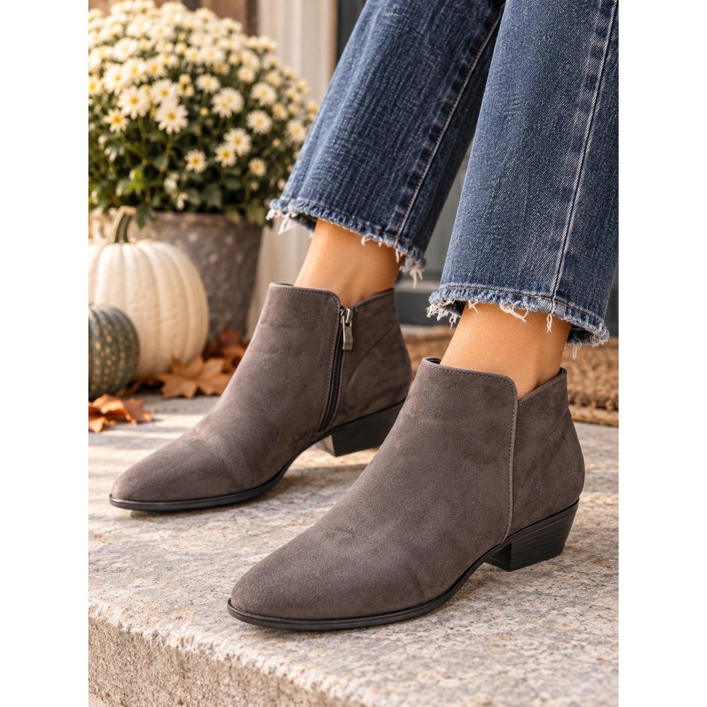 Womens Gray Faux Suede Ankle Boots Side Zip Low Block Heel Booties